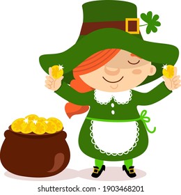 Cartoon girl holds a gold coins, pot of gold. Cute character for design of cards, invitation, poster to Happy Patrick's Day. Colorful image isolated on white background