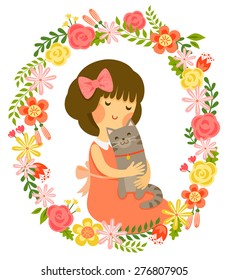 cartoon girl hugging a cat in a vintage style floral frame