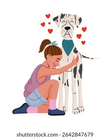 Cartoon girl hugs big spotted Dalmatian dog. Vector child with happy facial expression kneels, petting and embraces pet with love. Cute emotional scene with hearts, friendship, care and connection