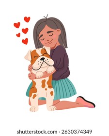 Cartoon girl hugs cute bulldog dog. Vector child with long hair kneels and gently embraces smiling puppy. Heartwarming moment with hearts above symbolizing love, care, connection between kid and pet
