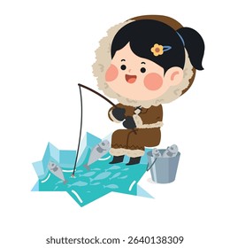 Cartoon Girl Ice Fishing Illustration Kid