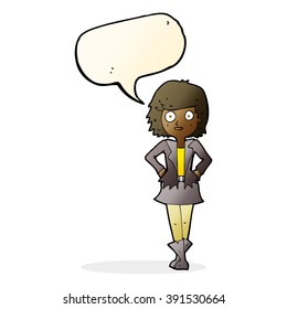 niña de caricatura con chaqueta y burbuja de habla