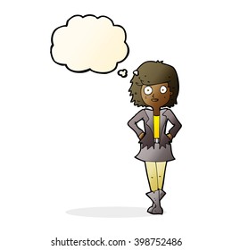 cartoon girl in jacket with thought bubble