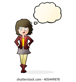 cartoon girl in jacket with thought bubble