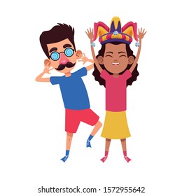 cartoon girl with jester hat and boy with crazy glasses icon over white background, vector illustration