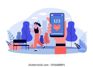 Cartoon girl jogging with activity tracker in city park. Flat vector illustration. Young woman running outdoors using smart fitness tracker. Healthy lifestyle, modern technology, sport concept