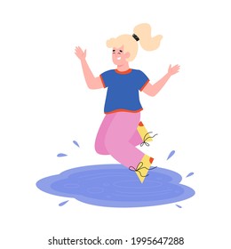 Cartoon girl jumping in puddle, happy kid playing in water splash isolated on white background. Vector illustration of child laughing and splashing
