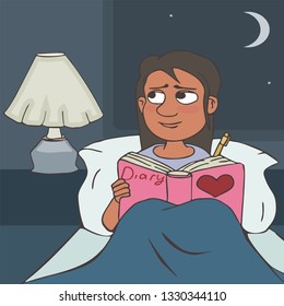 cartoon girl keeps a diary, writing down while sitting in the bed at night