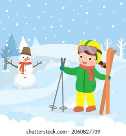 Cartoon girl kid hold skis in hands. Happy child enjoying winter vacation. Ski equipment. Cute sport teen character outdoors. Mountain view, funny snowman and snowfall. Flat vector illustration