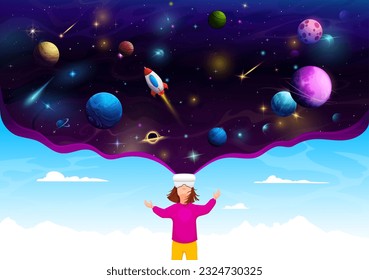 Niña caricaturista con casco vr y galaxia estrellada con cohete. Niño vector mirando al mundo celestial, fascinado por el impresionante espectáculo cósmico, viaja a través de la vastedad del Universo