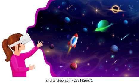 Cartoon girl kid in vr helmet dreaming about space. Vector child explore Universe, her imagination takes flight as she envisions herself as an astronaut, embarking on thrilling interstellar adventures