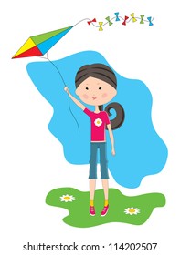Cartoon the girl with a kite. vector