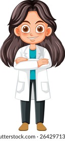 Cartoon girl in lab coat, arms crossed confidently