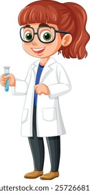 Cartoon girl in lab coat holding test tube