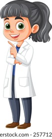 Cartoon girl in lab coat pointing happily