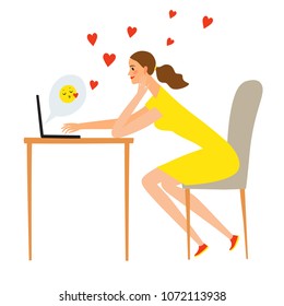 Cartoon girl with laptop flirting on-line. Illustration about relationships and technologies.