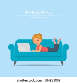 Cartoon girl with laptop lying on sofa. Chat, dating, education and search for information on the network. Concept design freelance worker.