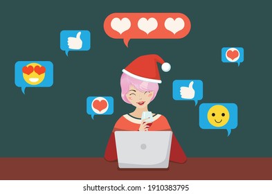 Cartoon girl with a laptop wears Christmas hat, chatting online in social media, concept illustration.