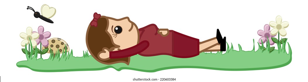 Cartoon Girl Laying in Grass Vector