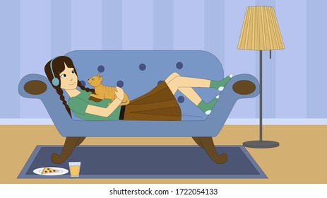 Cartoon girl laying on sofa in the room at home listening music and holding cute red cat. 