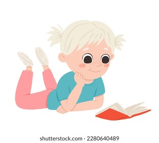 Cartoon girl laying and reading a book