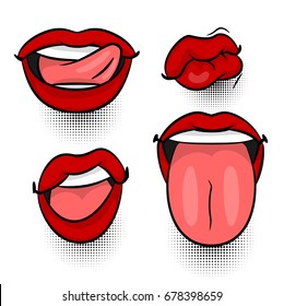 Cartoon girl lipstick label tag expression. Funny mood emotion sound effects. Vector illustration. Set pop art woman show tongue smile, dare, open lips, wow. Comics book girl face body part kitch.