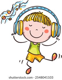 Cartoon girl listen to music and dancing, kid using headset, doodle child and electronic device, digital technology. Isolated character, vector illustration