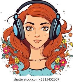 Cartoon girl listening to music, Tshirt design