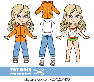 Cartoon girl with long blond hair in underwear, dressed and clothes separately - orange jacket, white t-shirt, blue jeans, sneakers doll for dressing