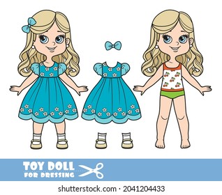 Cartoon girl with long blond hair in underwear ,dressed and clothes separately - dress, beige sandals doll for dressing