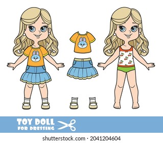 Cartoon girl with long blond hair in underwear, dressed and clothes separately -  T-shirt with rabbit face and denim skirt, beige sandals doll for dressing