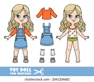 Cartoon girl with long blond hair in underwear, dressed and clothes separately -  long-sleeved T-shirt, denim sundress, sneakers doll for dressing