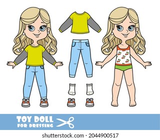 Cartoon girl with long blond hair in underwear, dressed and clothes separately -  long-sleeved T-shirt, jeans, sneakers doll for dressing 