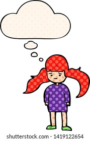 cartoon girl with long hair with thought bubble in comic book style