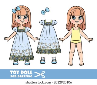 Cartoon girl with long straight hair in underwear, dressed in long summer dress and sandals doll for dressing