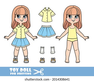 Cartoon girl with long straight hair in underwear, dressed and clothes separately - short sleeved shirt, skirt and sneakers doll for dressing