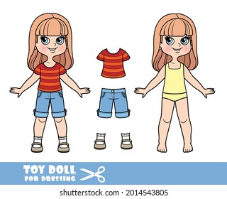 Cartoon girl with long straight hair in underwear , dressed and clothes separately - striped t-shirt, knee-length denim shorts and sandals doll for dressing