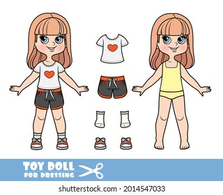 Cartoon girl with long straight hair in underwear,dressed and clothes separately - heart print T-shirt, sporty short shorts and sneakers doll for dressing 