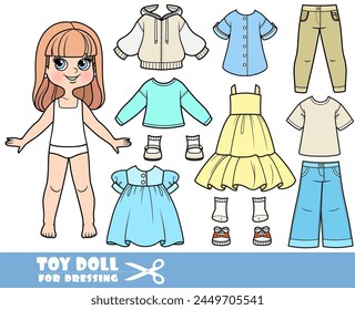 Cartoon girl with long straight hair with dressed and clothes separately doll for dressing. Image produced without the use of any form of AI software at any stage.