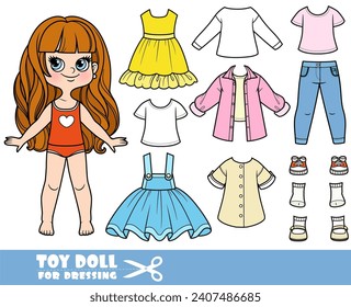 Cartoon girl with long wavy hair and clothes separately -  dress, skirt with straps, long sleeve, shirt, jeans and sneakers