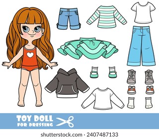 Cartoon girl with long wavy hair and clothes separately -  hoodie, tutu skirt, shorts, long sleeve, shirt, jeans and sneakers