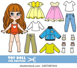 Cartoon girl with long wavy hair and clothes separately -  dresses, demi-season jacket, sweatpants, long sleeve, shirt, jeans and sneakers