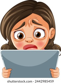 Cartoon of a girl looking anxious holding a tablet