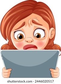 Cartoon of a girl looking anxious holding a tablet