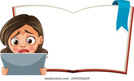 Cartoon of a girl looking anxious over an empty book