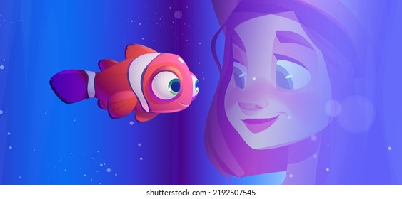 Caricaturista mirando peces en el acuario. Imagen vectorial de la curiosa cara de un niño sonriendo a un bonito pez payaso nadando en el agua. Escolar explorando el mundo submarino y los animales marinos. Cuidado de las mascotas