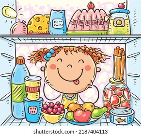 Cartoon Girl Looking Inside Fridge With Food, Colorful Vector Clipart