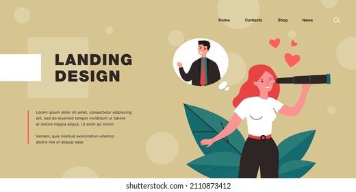 Cartoon girl looking for love flat vector illustration. Happy young woman seeking man, husband, relationship and family with spyglass. Love, search, relationship concept for design or landing page