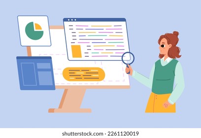 Cartoon girl looking magnifying glass and find information. Programming developer audit or digital testing, teenager geek vector character