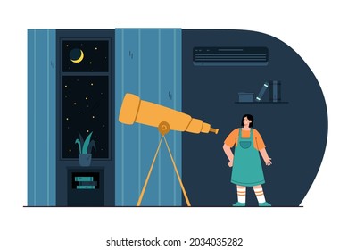 Cartoon Girl Looking Through Telescope In Room At Night. Cute Kid Watching Moon And Stars Flat Vector Illustration. Astronomy, Space, Education Concept For Banner, Website Design Or Landing Web Page